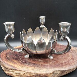 Leonard Silver Plate 3 Arm Candle Holder Centerpiece Floral Bowl Vintage
